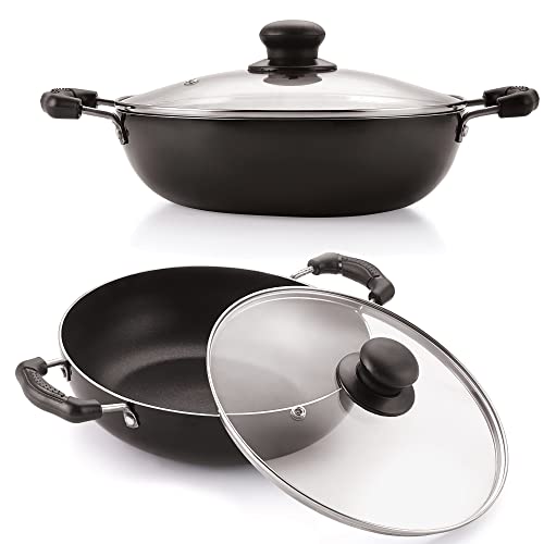 Image of Nirlon Nonstick Aluminium Induction Base 2 Pieces Set of Deep Kadhai 24cm, and 26 cm with Glass Lid