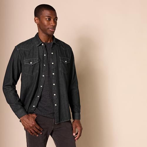 Image of Amazon Essentials Men's Slim-Fit Long-Sleeve Denim Western Style Cotton Shirt with Snap Buttons, Lightweight