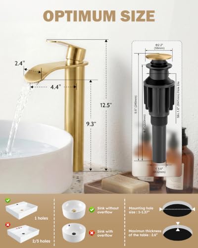 Vessel Sink Faucet Gold for Bathroom:WOWOW Single Handle Tall Bathroom Faucet - Waterfall Single Hole Mixer Bar Tap with Large Rectangular Spout, Deck Mount Lavatory Vanity with Pop Up Drain - image 7