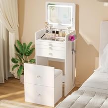 VOWNER 3-in-1 Vanity Desk with Flip Top LED Light Mirror and Glass Desktop, Small Makeup Vanity with 3 Drawers, Compact Dressing Table with Stool for Bedroom, White 19" L