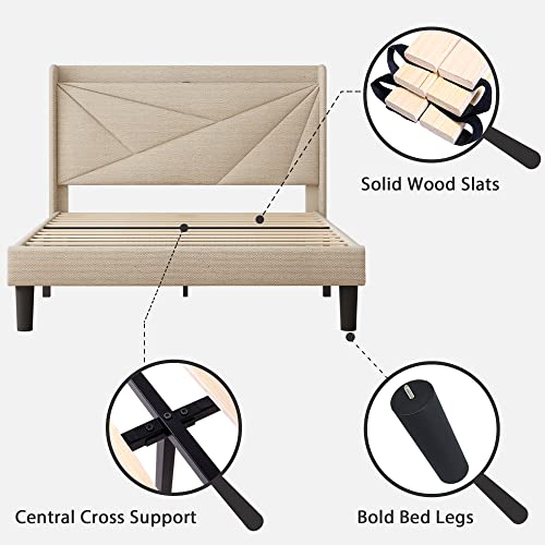 Feonase Queen Size Bed Frame With Type-C & Usb Ports, Upholstered Platform Bed Frame With Wingback Storage Headboard, Solid Wood Slats Support, No Box Spring Needed, Noise-Free, Beige #TOP7