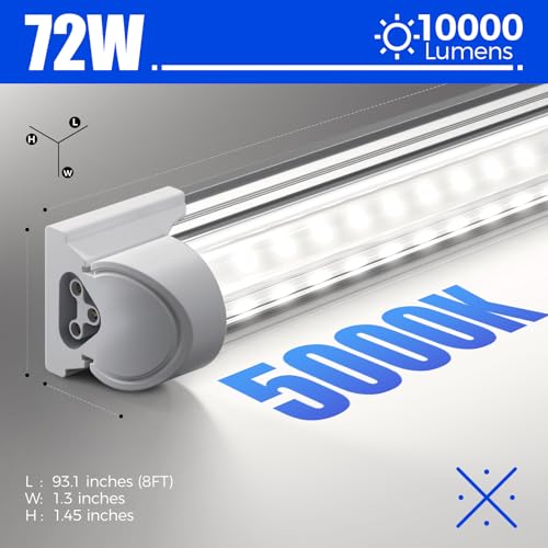 Barrina LED Shop Lights, 8FT 72W 10000LM 5000K, Daylight White, V Shape, Clear Cover, High Output, Linkable, T8 LED Tube Light, for Garage 8 Foot with Plug (Pack of 10)