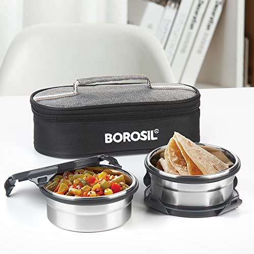 Feast Stainless Steel Lunch Box with Bag | 2pc Round Set (400ml Each) | Leakproof Horizontal Tiffin for Office, School & College | Food Grade Steel | 
