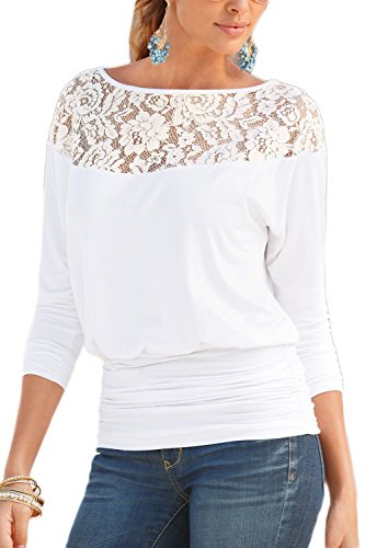 Sevozimda Top Longsleeves Plisado Cuello Barco Mujer Casual Encaje Crochet OC T - Shirt Jersey White XXL