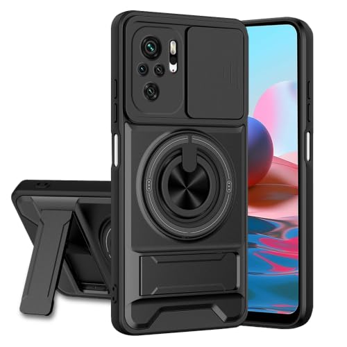 Image of Redmi Note 10 / 10S / 11 SE 5G Back Cover | Armor Camera Slider 360 Degree Rotating Finger Ring Holder Case with Bracket Stand Back Case Cover (Compatible with MagSafe Accessories) (Black)