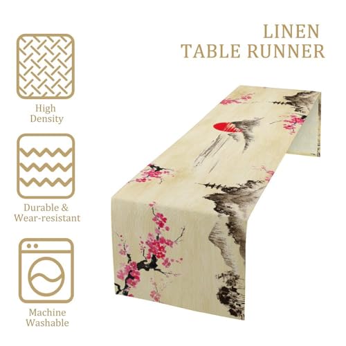 Image of Japanese Cherry Blossom Table Runner Retro Spring Landscape Mountain Plum Floral Tabletop Decor Cover for Holiday Dining Room Party 13x90 Inch