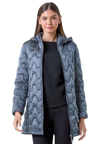 Image of Roman Women Padded Longline Coat with Hood - Ladies Zip Through Autumn Winter Long Length Lightweight Quilted Warm Cosy Everyday Zip Up Casual Jackets Coats - Size 16 - Glossy Steel Blue