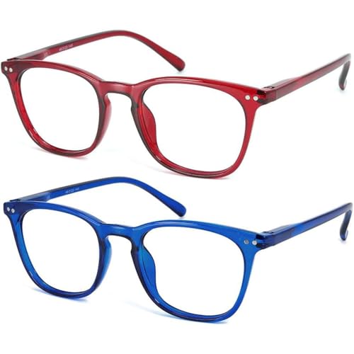 JiSoo Womens Reading Glasses 1.0, Trendy Readers Glasses Women, Lightweight Ladies Magnifying Glasses for Reading Red+Blue