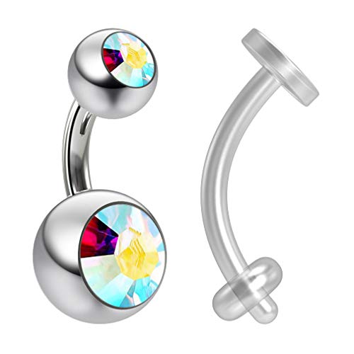14 g 1,6 mm kristall Aurora Borealis AB banan navelring navelstång 6 mm & piercing hållare