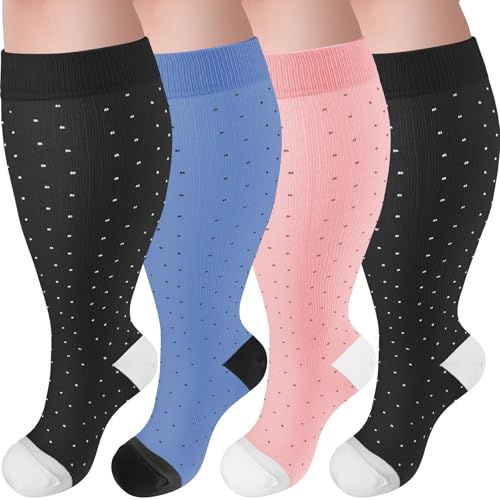 Image of 4 Pairs Plus Size Compression Socks,Extra Wide Calf 20-30 mmHg Knee High Compression Socks for Men Women Circulation