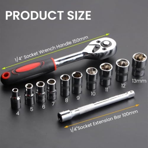 Image of 12 in 1 Heavy Duty Socket Set 1 /4 inch Chrome Vanadium Steel Ratchet Socket Wrench Spanner | Soft Grip 12 Pieces Hand Tool Kit For Mechanic Tool Kits (Pack of 1)