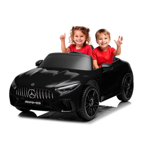 Mercedes SL63 24V - Negro -Coche eléctrico con Potente batería de 24V, Pintura Metalizada, Ruedas de Goma, Asiento de Polipiel, Coche a batería Grande para 2 niños, Luces, música y Mando para Padres…