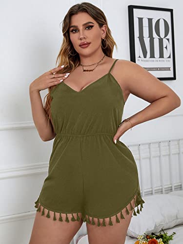 Romwe Women's Plus Size Tassel Trim Sleeveless Deep V Neck Cami Romper Short Jumpsuit Army Green 1Xl #TOP23