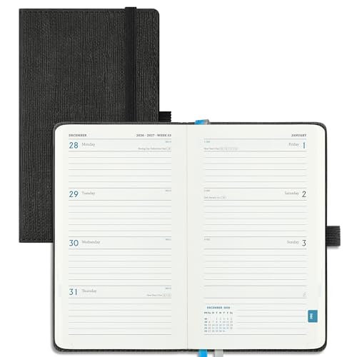 IN-LUXPRO Academic Diary 2026-2027 Week to View Pocket A6 (16.4x9.5 cm) 18 Months (Jul26 - Dec27) Mid Year Diary 26/27 Weekly Planner with Timeslots& Month Tabs PU Leather Black