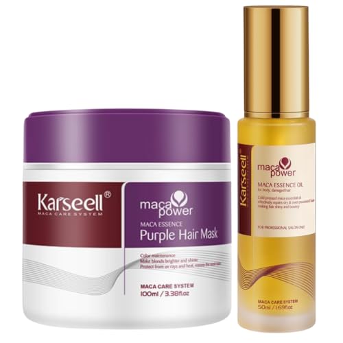 Karseell MACA CARE SYSTEM Pack Mascarilla Capilar Violeta Matizadora Antiamarillo 100ml + Sérum Aceite de Argán 50ml Hidratante Reparador Cabello Rubio Canas Decolorado Tamaño Viaje Sin Sulfatos