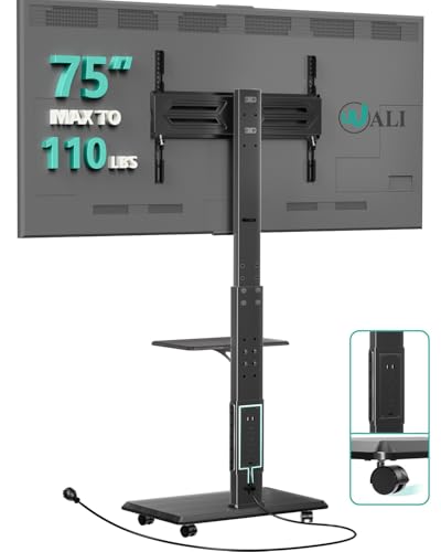 Image of WALI Rolling TV Stand with Power Outlet & AV Shelf, Mobile Tall TV Stand Mount on Wheels for 34-75 inch TV up to 110 lbs, Swivel Height Adjustable TV Cart with Wood Base for Bedroom(TVDVD-6PR), Black