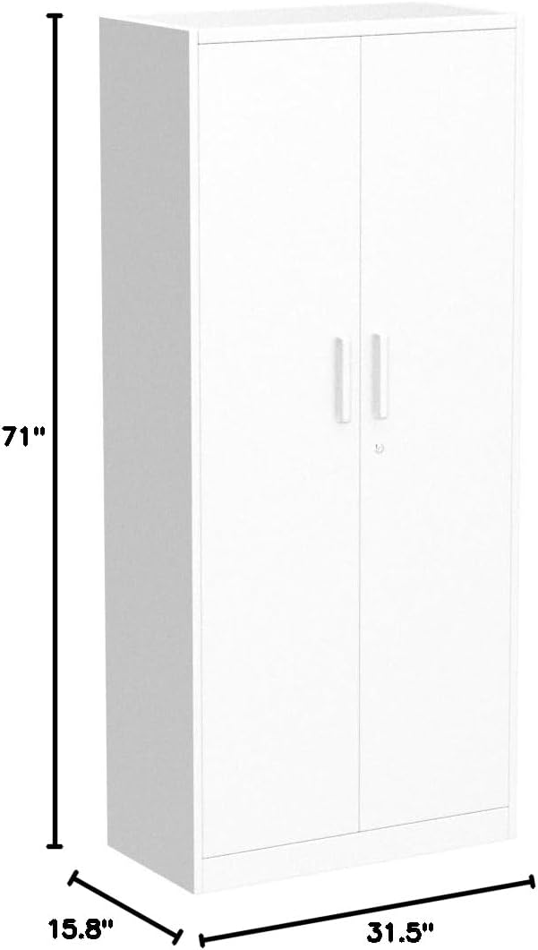 Metal Garage Storage Cabinet, 71" Locking Cabinet with 2 Doors and 5 Adjustable Shelves, White