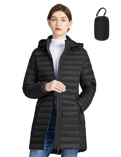 SLOWTOWN Women’s Lightweight Down Puffer Coat Packable Long Down Coat Hood Winter Puffer Jacket