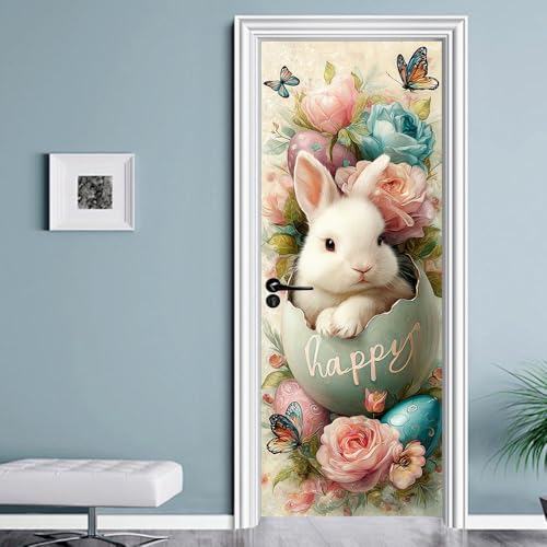 WDESYADMS Door Stickers 30.3x78.7 Inch PVC Easter Bunny Egg Floral