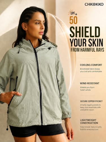 Image of CHKOKKO Sunscreen Jacket For Women With Hood Upf 50+ UV Tan Sun Protection | Wind Proof Lightweight Breathable Quick-dry Water-repellent Fabric | For Gym Sports Running Biking And Dailywear