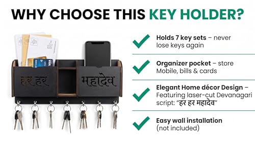 Image of Har Har Mahadev Wall Key Holder & Mail Organizer for Home | 7 Anti-Rust Metal Hooks, Mobile Stand, Letter Pocket & Pen Holder | Spiritual Lord Shiva Wall Decor for Living Room, Office & Entryway