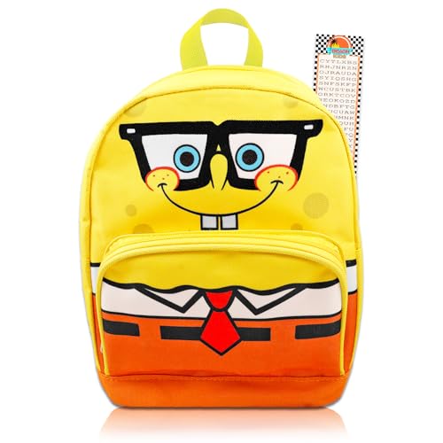 Spongebob Mini Backpack - 10' Iconic Woven Small Backpack with Front Pocket and Bookmark Bundle | Adjusts to Fit Kids, Toddlers, Teens, Adults, Boys, Girls
