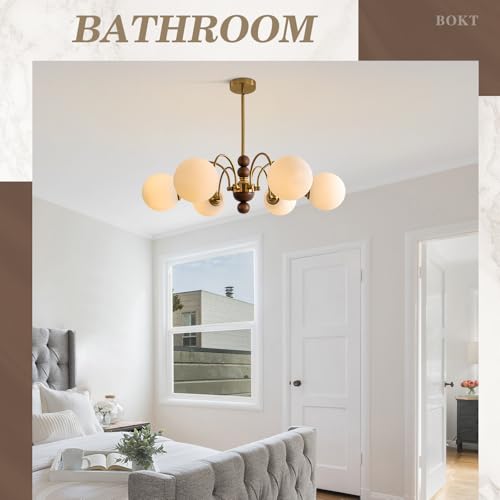 BOKT Modern Milk Glass Chandelier Rustic Wooden Sputnik Chandelier 6 Head Hanging Ceiling Lighting Walnut Wood Mid Century Pendant Lighting for Living Dining Room by BOKT - Image 8