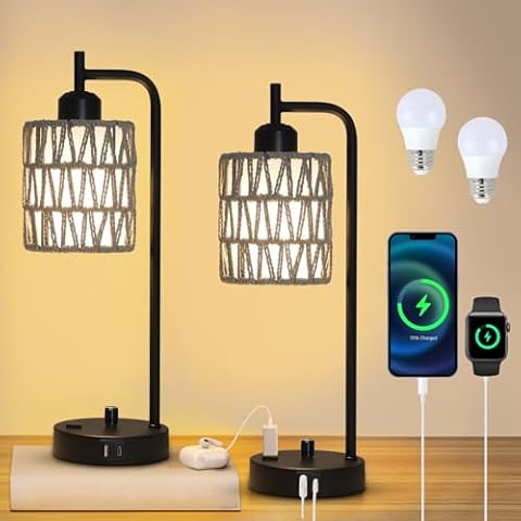 Stepeak Grey Table Lamps for Bedroom, Boho Rattan Bedside Lamps Set of 2 with LED Bulbs, Small Side Nightstand Lamp with Wicker Shade, USB Ports and Outlet, Desk Lamp for Living Room Office Cover