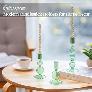 Glasseam Green Glass Candle Holder Set of 3 Candle Stick Holders for Taper Candlesticks Modern Candle Holders for Candlesticks Unique Tapered Candlestick Holders for Table Centerpiece Home Decor Gift