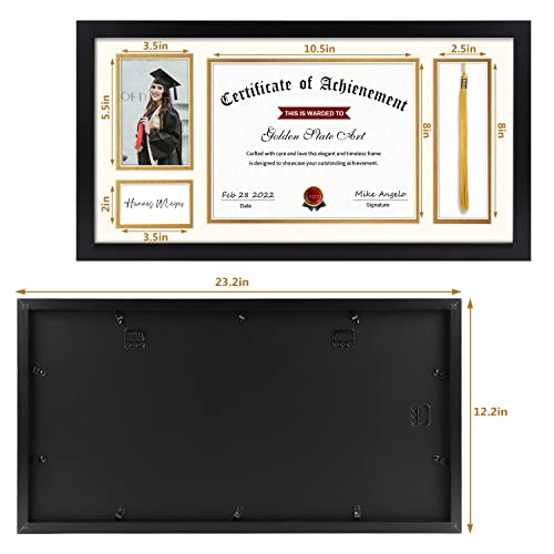 Golden State Art, 11X22 For 8.5X11 Diploma/Certificate - 4X6 Photo - Black Diploma Tassel Shadow Box - Double Mat (Ivory Over Gold) - Tassel Holder - Sawtooth Hangers, Swivel Tabs, Real Glass #TOP5