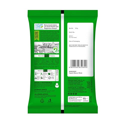 Image of Natureland Organics Masoor Whole /Sabut 500 Gm (pack of 3) - Organic Healthy Pulses