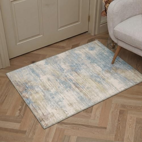 Image of BEIMO Area Rugs 8x10 for Living Room Bedroom, Modern Abstract Machine Washable Rug, Large Soft Low Pile Floor Cover with Non Slip Backing for Dining Room, Dusty Blue Beige