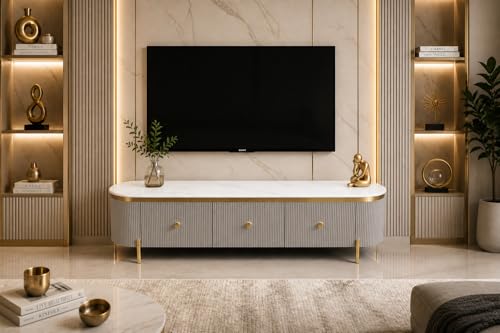 Image of Mazzo White Marble TV Unit Console | 70 inchx15 inchx18 inch | Golden Legs & Charcoal Louvers | Storage Drawers | Modern TV Stand Console Unit White Marble Top with Gold Accents, Storage (Gray)