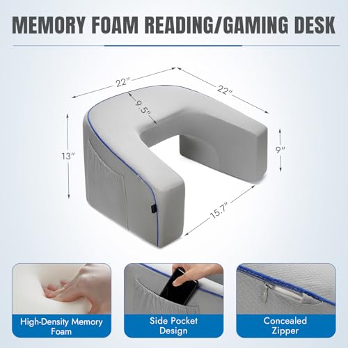 Almofada de leitura para jogos – Almofada grande para jogos com bolsos laterais, apoio de braço e bo