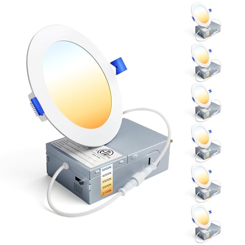 Ensenior 6 Pack 4 Inch LED Recessed Light, Dimmable, 2700K-5000K 5CCT, 750LM High Brightness, 9W 120V, Damp Rated, ERL-9X-ETL, Ultra-Thin Canless Wafer Ceiling Light - ETL & FCC & IC by Ensenior - Used condition - US$44.98