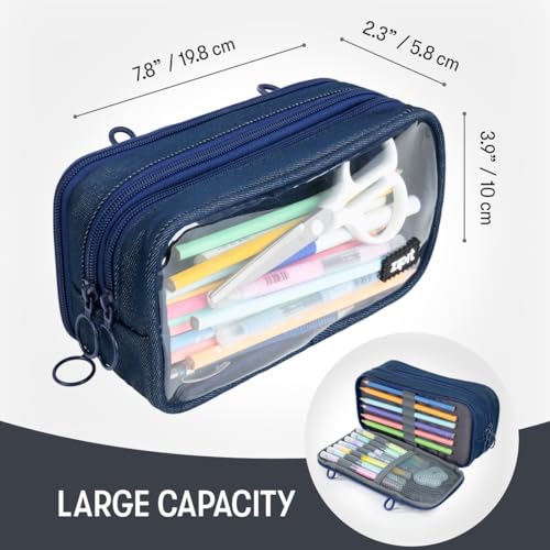 Image of ZIPIT Half & Half Pencil Case, 3 Compartment Zipper Pouch for School, Stationery Bag for Teen Girls Boys and Adults, Denim