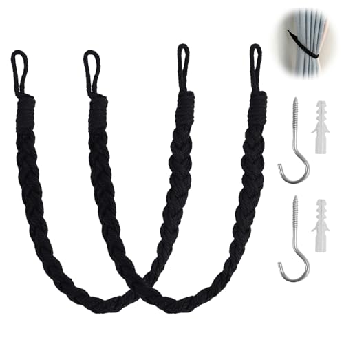 Image of Curtain Tie Backs 2 Pack, Hand Knitting Curtain Tiebacks Cotton Rope Elegant Boho Style Curtain Ties with 2 Metal Hooks Soft Braided Drapery Drape Holdbacks for Home Office Decorative (Black)