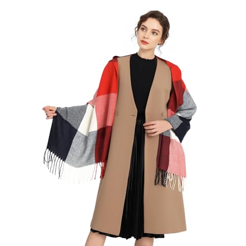 Miss Lulu Damen Schal Kariert bergroer Quadratisch Deckenschal Winterschal Karo Tartan Streifen Plaid Muster Oversized Fransen Poncho