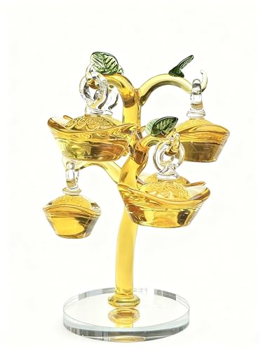 LOTUSROSAS Caibaoshu& Artificial Tree Sculpture Stand&Crystal Money Tree Plant Indoor,Amber Decorative Figurine with Green Leaves.Acrylic Base Display Stand. (6inch)