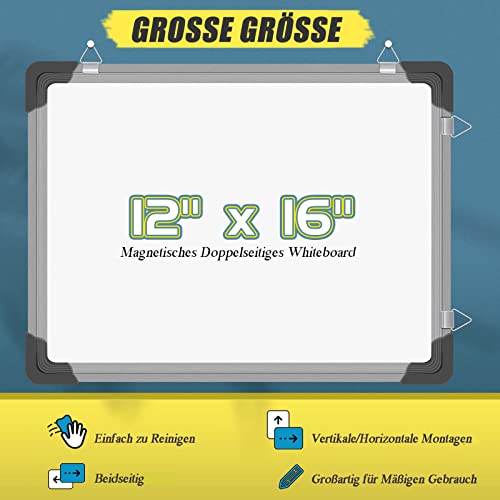 FINEW Pizarra blanca magnética de 40 x 30 cm, pizarra magnética, pizarras blancas de doble cara con marco de aluminio, incluye 10 lápices para pizarra, 1 esponja para pizarra blanca, 4 imanes
