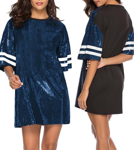 Image of CUTUBLY Women's Sequin T Shirt Mini Dress for Concert, Birthday, Night Out, Festival, Oversized Short Sparkly Party Dresses, Fully Lined & Soft Clubwear Glitter Outfit(Blue,XXL,H23168)