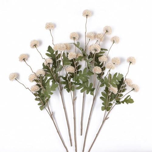mizii 6Pcs Beige Fake Silk Pompon Mum Artificial Flowers Bulk Small Faux Chrysanthemums with Stems Realistic Floral Decorations for Wedding DIY Bouquet Centerpieces Shower Vase Home Decor (Beige)