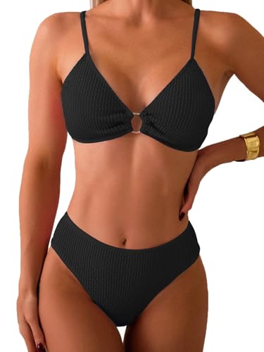 Fanuerg Women's Ribbed Triangle Bikini Sets O Ring Linked Two Piece Swimsuit Textured Cheeky Swim Bathing Suit