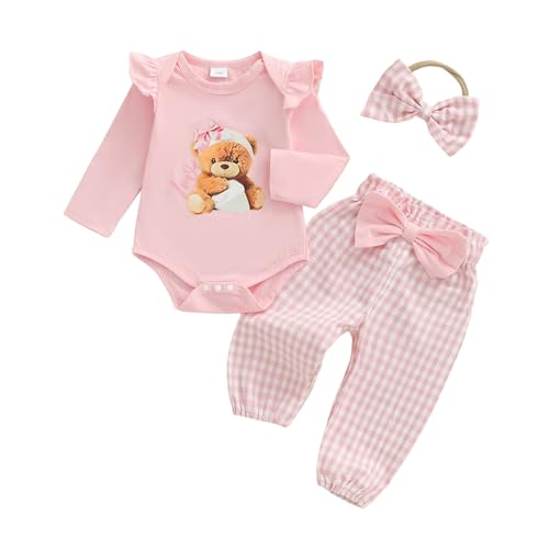 Image of Ursobutegl Newborn Infant Baby Girl Outfits Ruffle Bear Long Sleeve Romper Bodysuit Tops Pants Set Cute Fall Winter Clothes