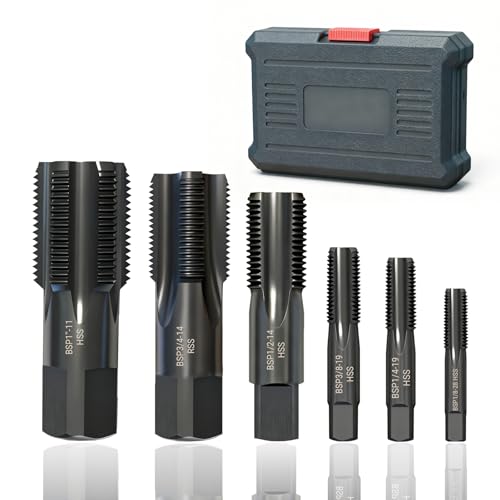 Image of WojBear 6 PCS BSP Pipe Tap Set, 4341 Steel Threader Overall Black Nitriding, 1/8-1 inch BSP Tap Set, Hand Threading Plumbing Tap Set for Accurate Threads, Assorted Plumbers DIY Thread Cutting Tools