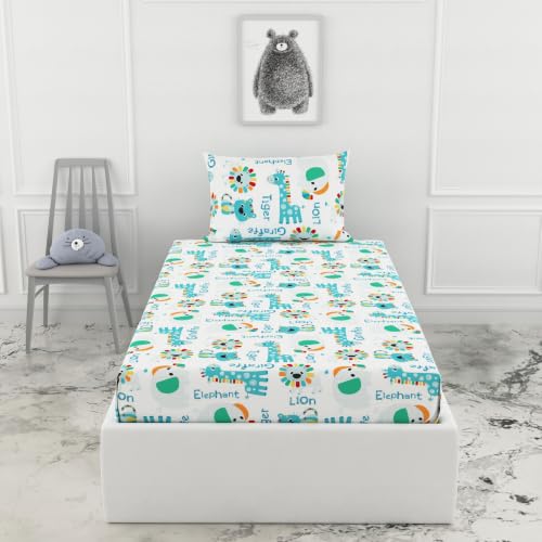 Image of LORETO - A QUALITY LINEN BRAND 144 TC 100% Pure Cotton Single Fitted Bedsheet with 1 Pillow Cover for 72 x 36 Inch Mattress, All-Around Elastic, 8 Inch Deep Pocket, Aqua & Rainbow Animal Parade