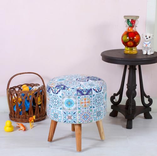 Image of Premium Velvet Round Ottoman Printed Stool Cover - Ottoman Slipcover for Vanity & Footstool - Washable, East to Remove & Fits in 16-Inch Diameter, 8 Inch Box Height (Aqua lite)