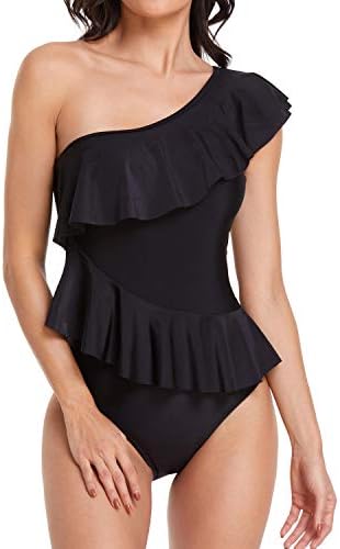 Smismivo One Piece Bathing Suit for Women with Ruffles One Shoulder Tummy Control Swimsuit Asymmetric Flounce Curvy Swimwear Black