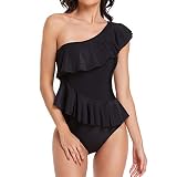 Smismivo One Piece Bathing Suit for Women with Ruffles One Shoulder Tummy Control Swimsuit Asymmetri
