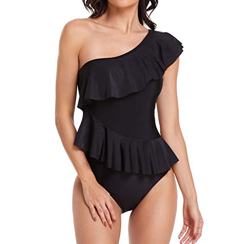 Smismivo One Piece Bathing Suit For Women With Ruffles One Shoulder Tummy Control Swimsuit Asymmetric Flounce Curvy Swimwear Black #TOP21